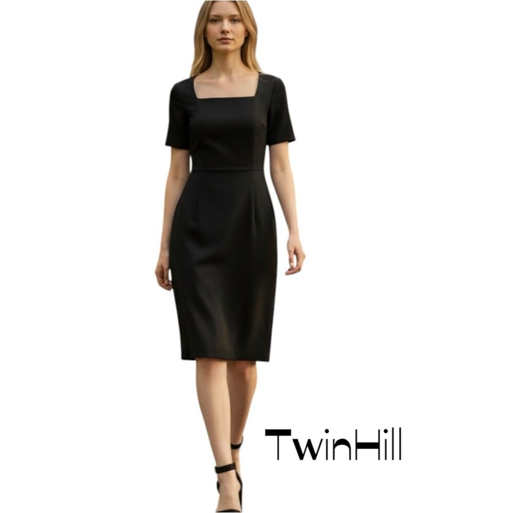 Twin Hill Black Square-Neck Short Sleeve Wool Blend Dress NWT Size 10 Career